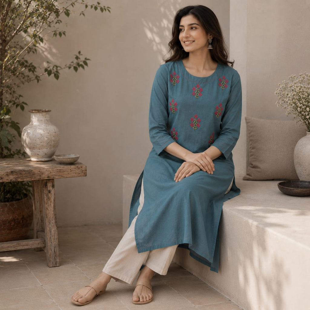 Revanta Teal Cotton Kurta – Vibrant Pink & Yellow Floral Embroidery – Elegant Everyday Wear