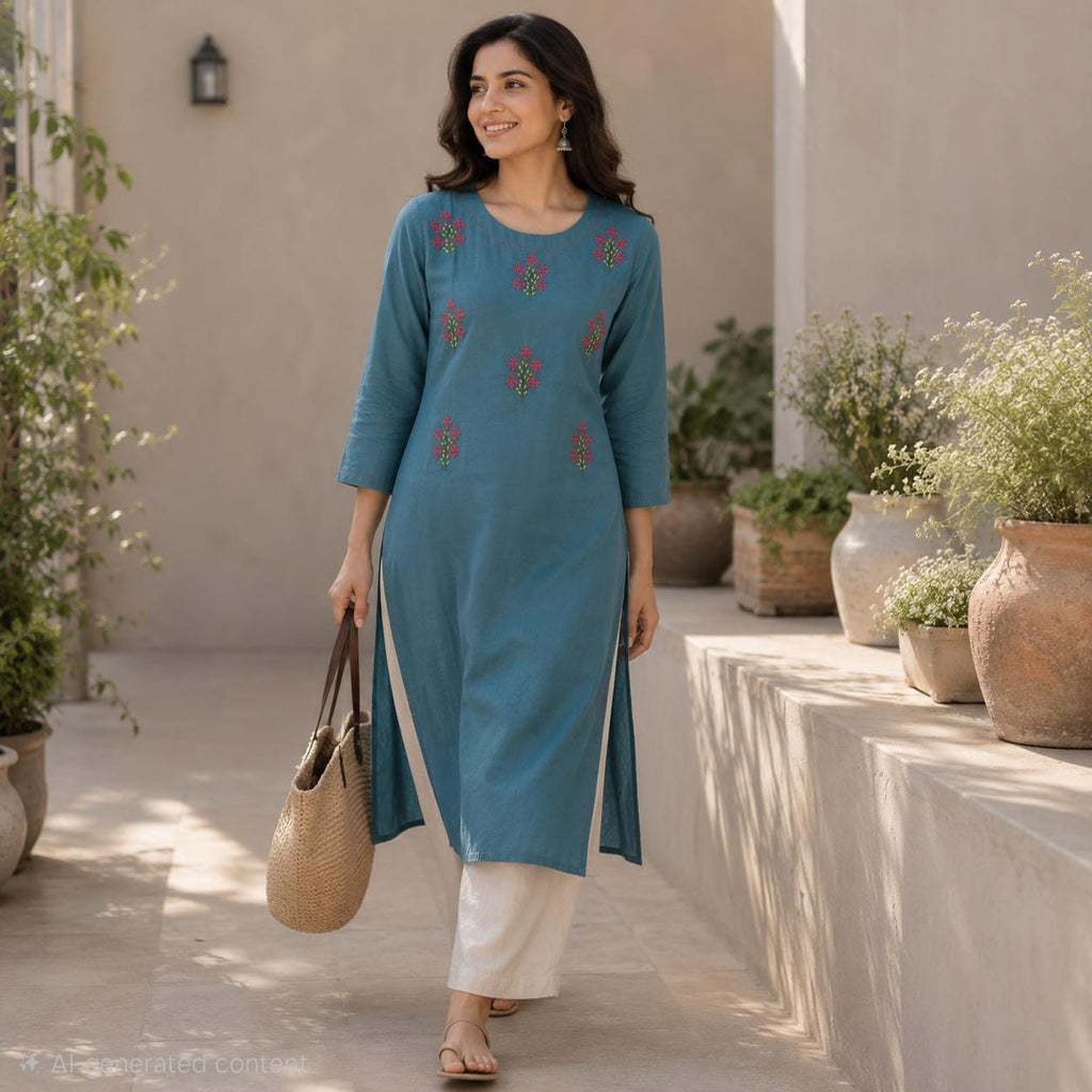 Revanta Teal Cotton Kurta – Vibrant Pink & Yellow Floral Embroidery – Elegant Everyday Wear