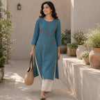 Revanta Teal Cotton Kurta – Vibrant Pink & Yellow Floral Embroidery – Elegant Everyday Wear