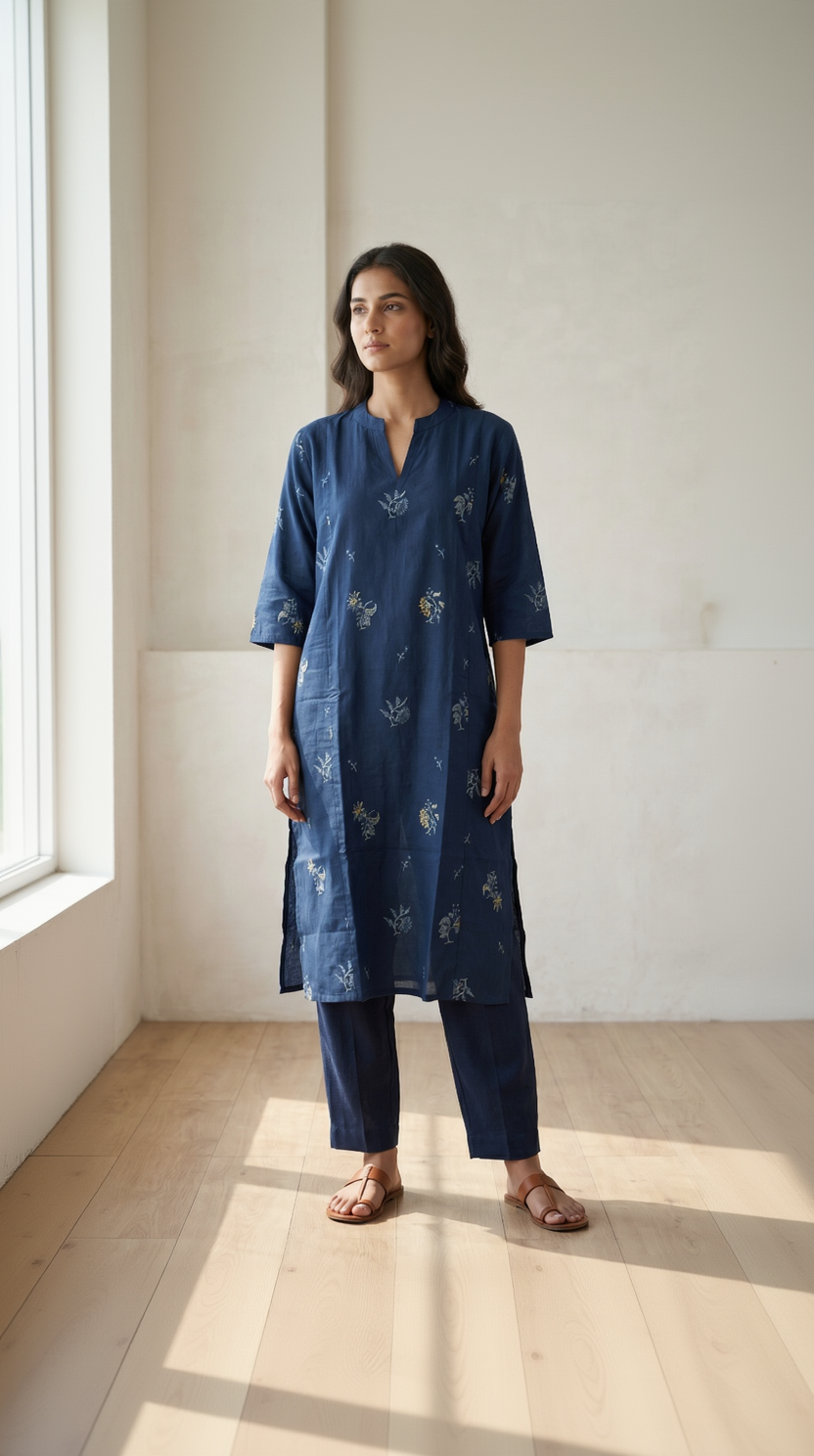 Prussian Blue Cotton Slub Kurta – Delicate Floral Vine Embroidery – Chic Daily Wear