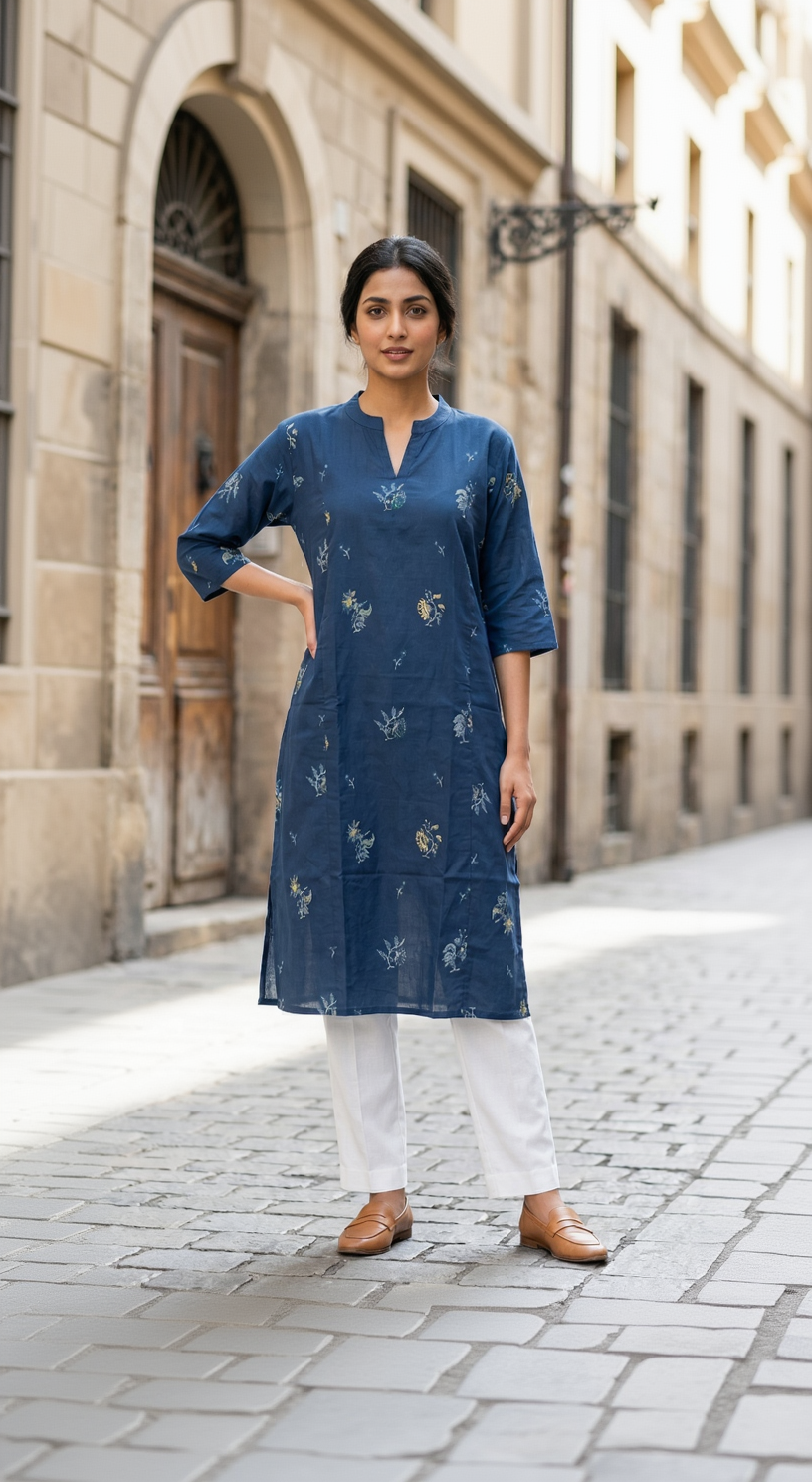 Prussian Blue Cotton Slub Kurta – Delicate Floral Vine Embroidery – Chic Daily Wear