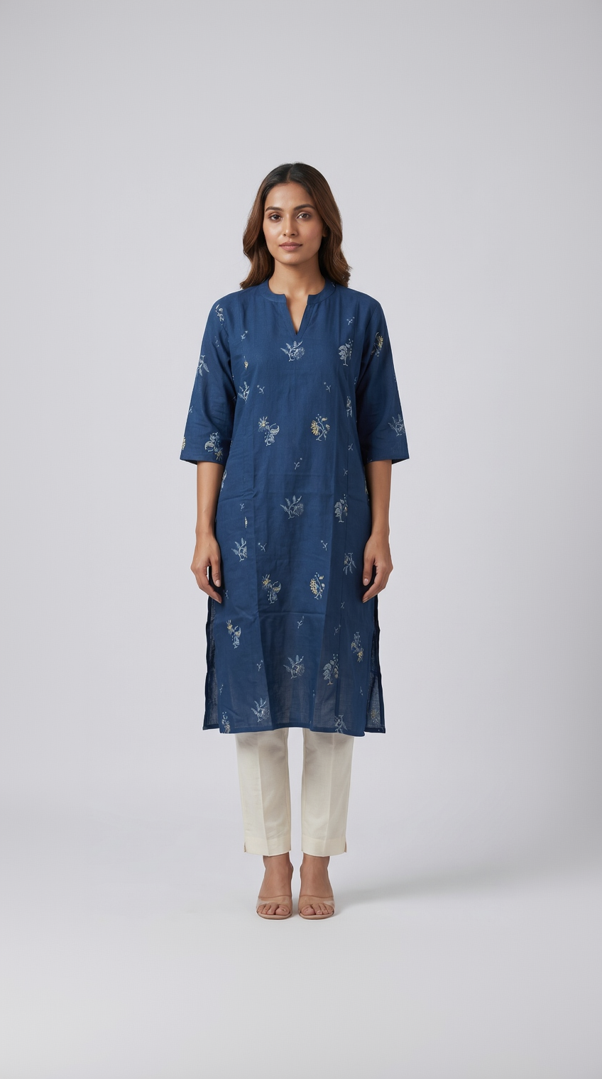 Prussian Blue Cotton Slub Kurta – Delicate Floral Vine Embroidery – Chic Daily Wear