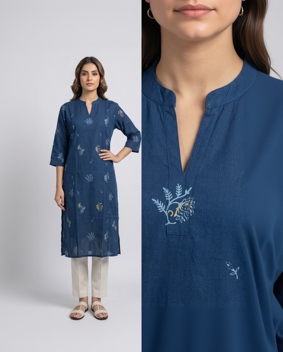 Prussian Blue Cotton Slub Kurta – Delicate Floral Vine Embroidery – Chic Daily Wear