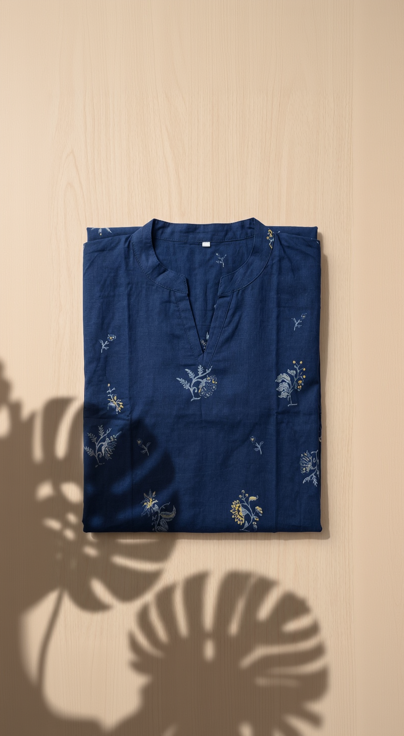 Prussian Blue Cotton Slub Kurta – Delicate Floral Vine Embroidery – Chic Daily Wear