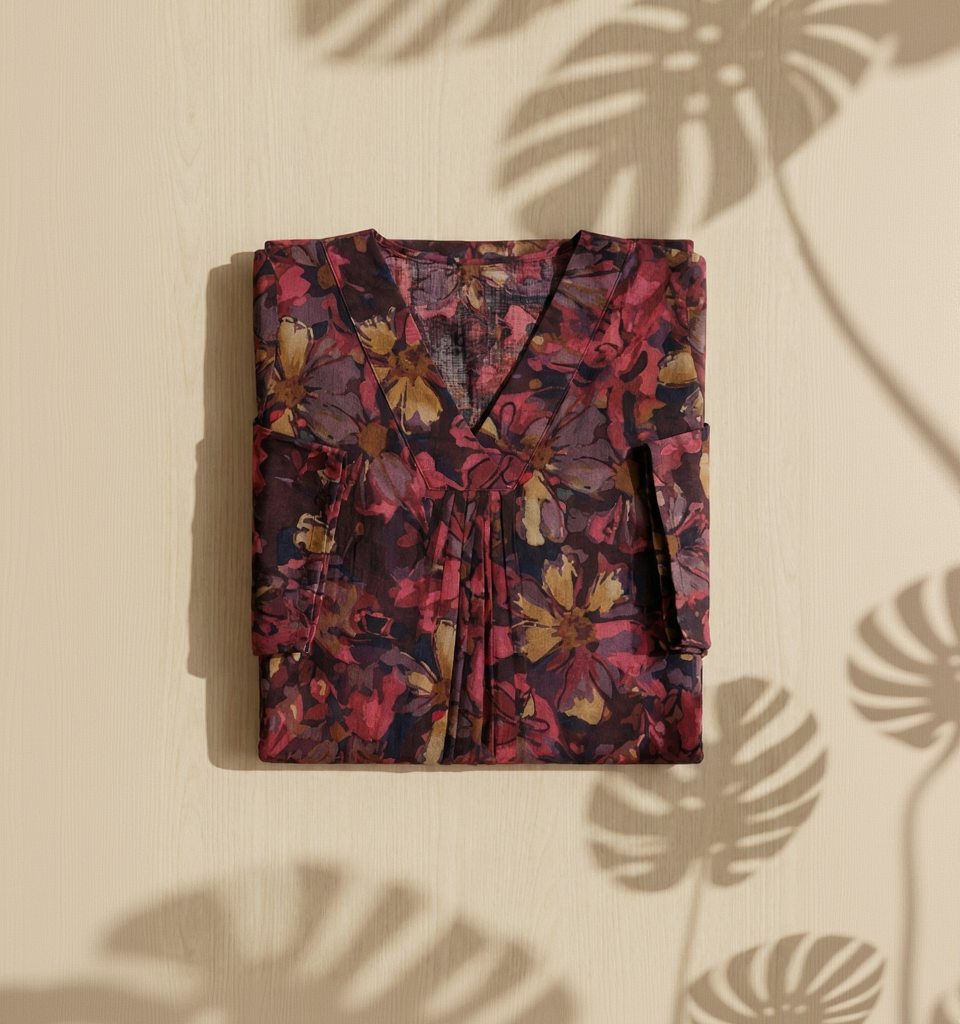 Floral Printed Cotton V-Neck Tunic – Casual Daily Wear Top for Women
