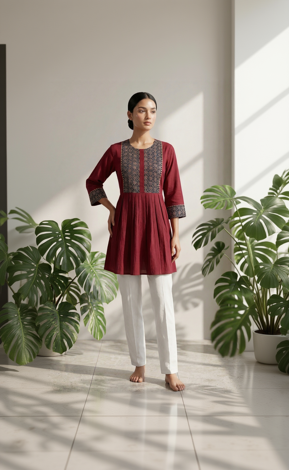 Red Pure Cotton Tunic with Indigo Ajrakh Yoke – 3/4 Sleeve Ethnic Daily Wear Top