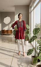 Red Pure Cotton Tunic with Indigo Ajrakh Yoke – 3/4 Sleeve Ethnic Daily Wear Top