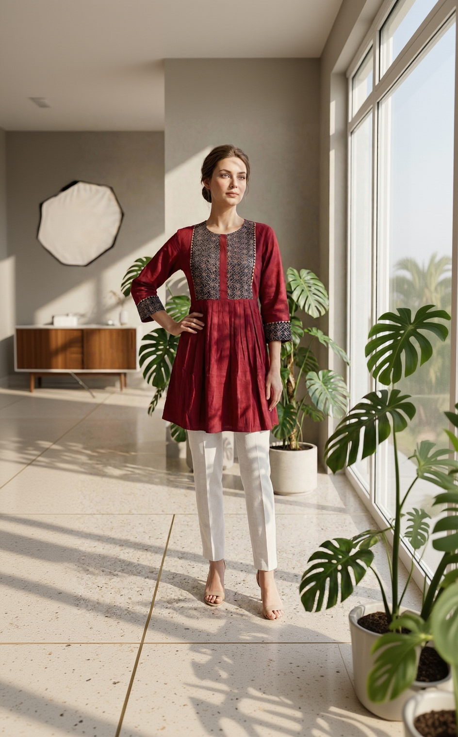 Red Pure Cotton Tunic with Indigo Ajrakh Yoke – 3/4 Sleeve Ethnic Daily Wear Top