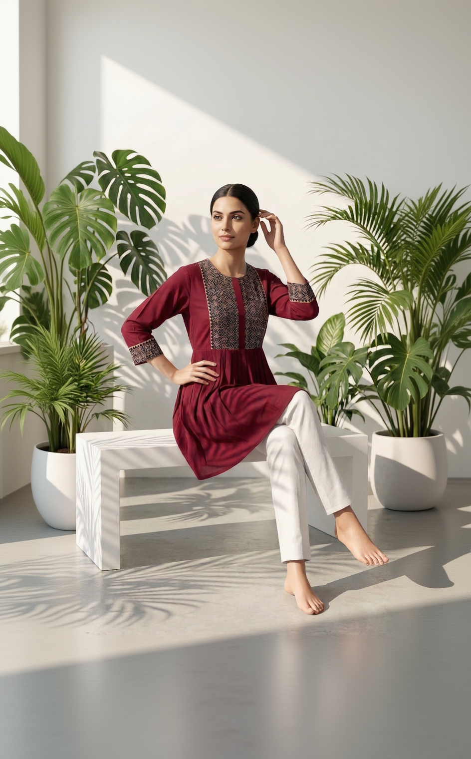 Red Pure Cotton Tunic with Indigo Ajrakh Yoke – 3/4 Sleeve Ethnic Daily Wear Top