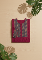 Red Pure Cotton Tunic with Indigo Ajrakh Yoke – 3/4 Sleeve Ethnic Daily Wear Top