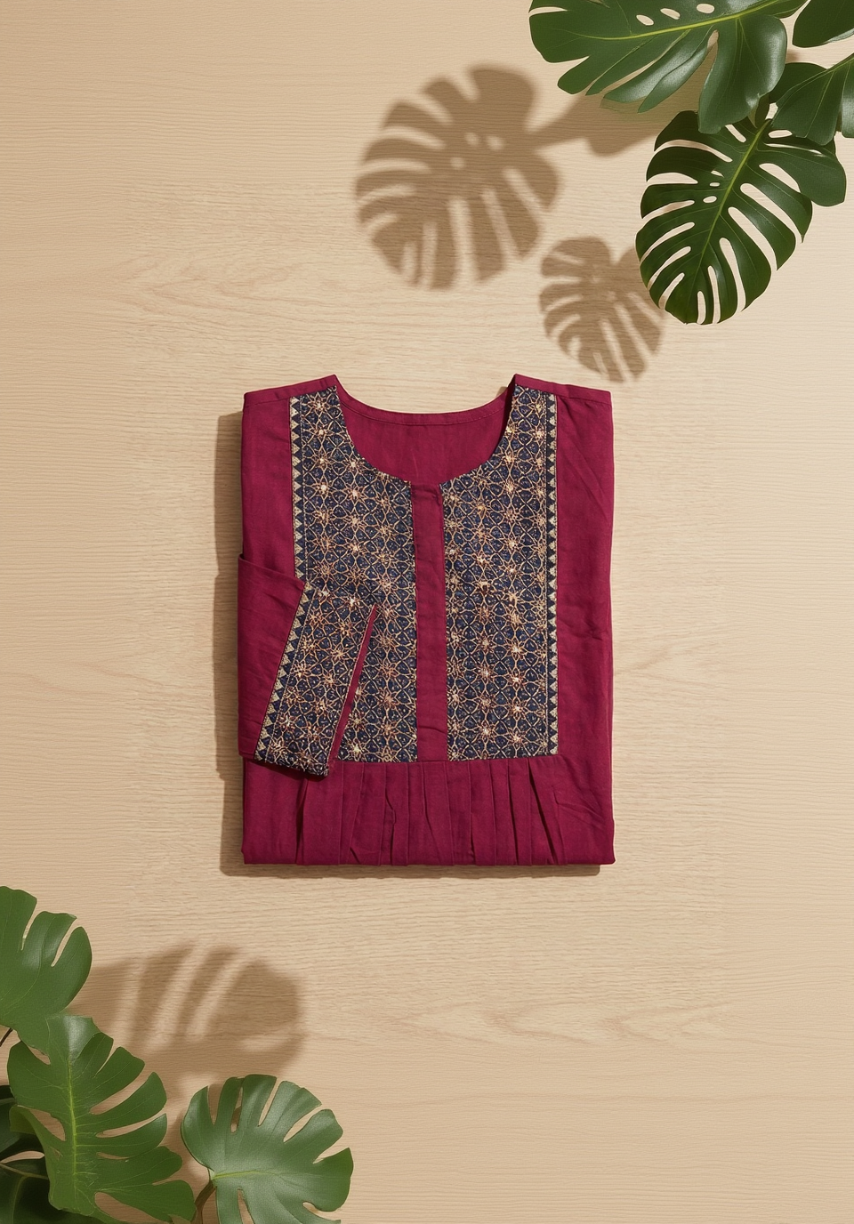 Red Pure Cotton Tunic with Indigo Ajrakh Yoke – 3/4 Sleeve Ethnic Daily Wear Top