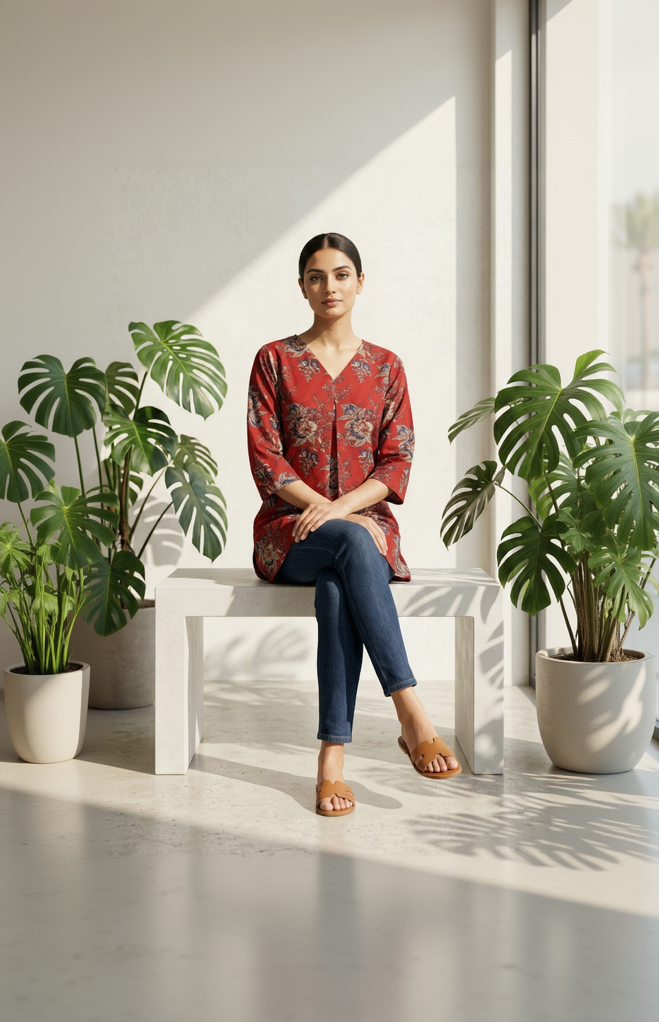 Red & Orange Floral Cotton Kurta – Kalamkari Work Daily Wear – Elegant Short Kurta for Women