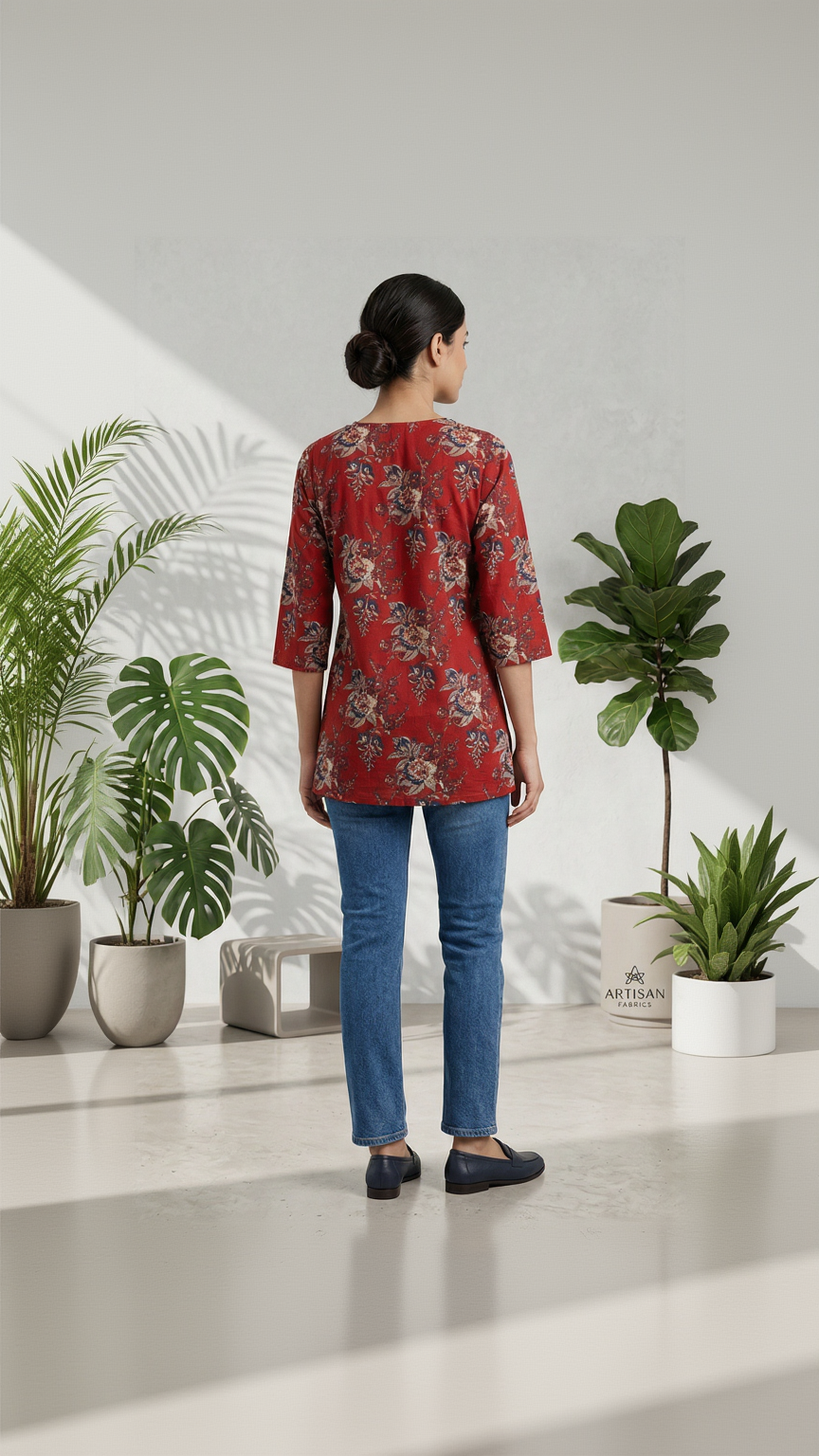 Red & Orange Floral Cotton Kurta – Kalamkari Work Daily Wear – Elegant Short Kurta for Women