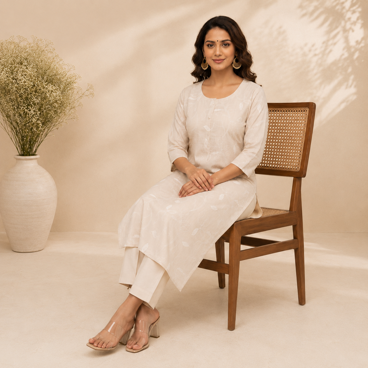 Revanta Off-White Cotton Slub Kurta – Subtle Thread-Work Vine Pattern – Contemporary Chic