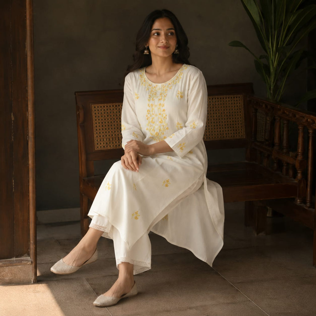 Revanta White Cotton Kurta with Delicate Yellow Floral Embroidery – Elegant Festive Ethnic Wear
