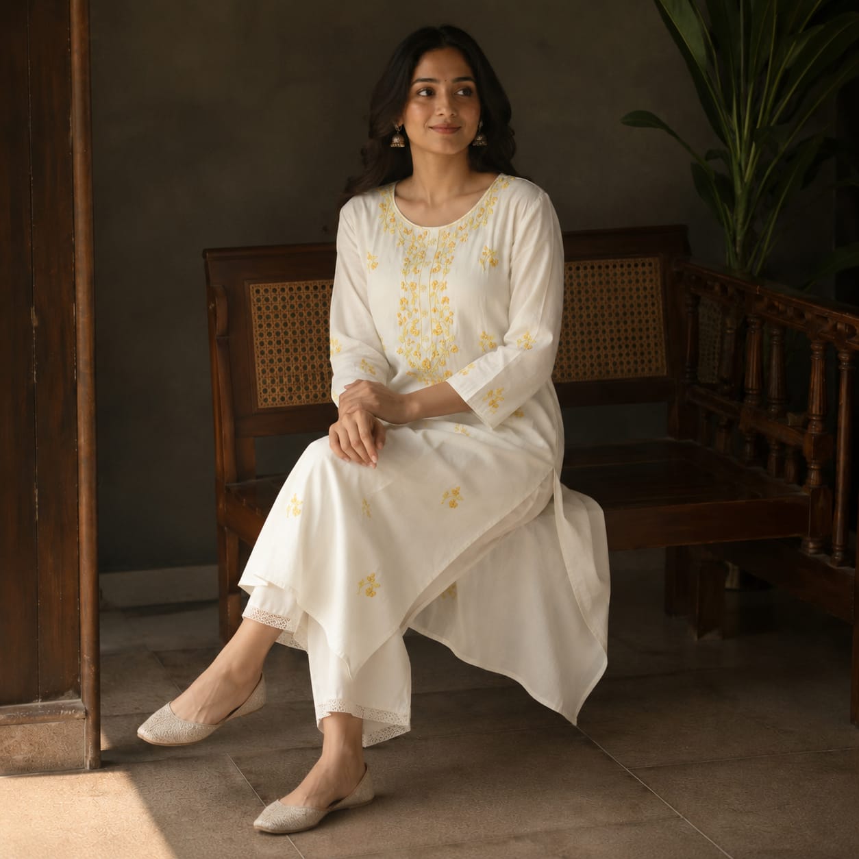 Revanta White Cotton Kurta with Delicate Yellow Floral Embroidery – Elegant Festive Ethnic Wear