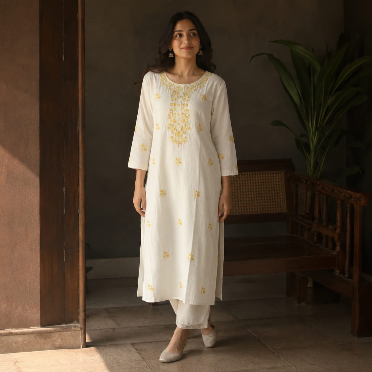 Revanta White Cotton Kurta with Delicate Yellow Floral Embroidery – Elegant Festive Ethnic Wear