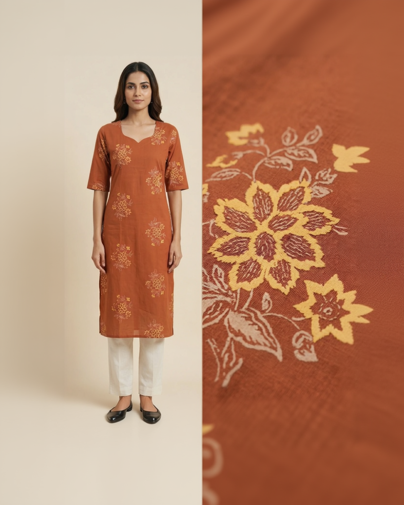Rust Orange Cotton Slub Kurta – Delicate Floral Digital Print – Elegant Daily Wear