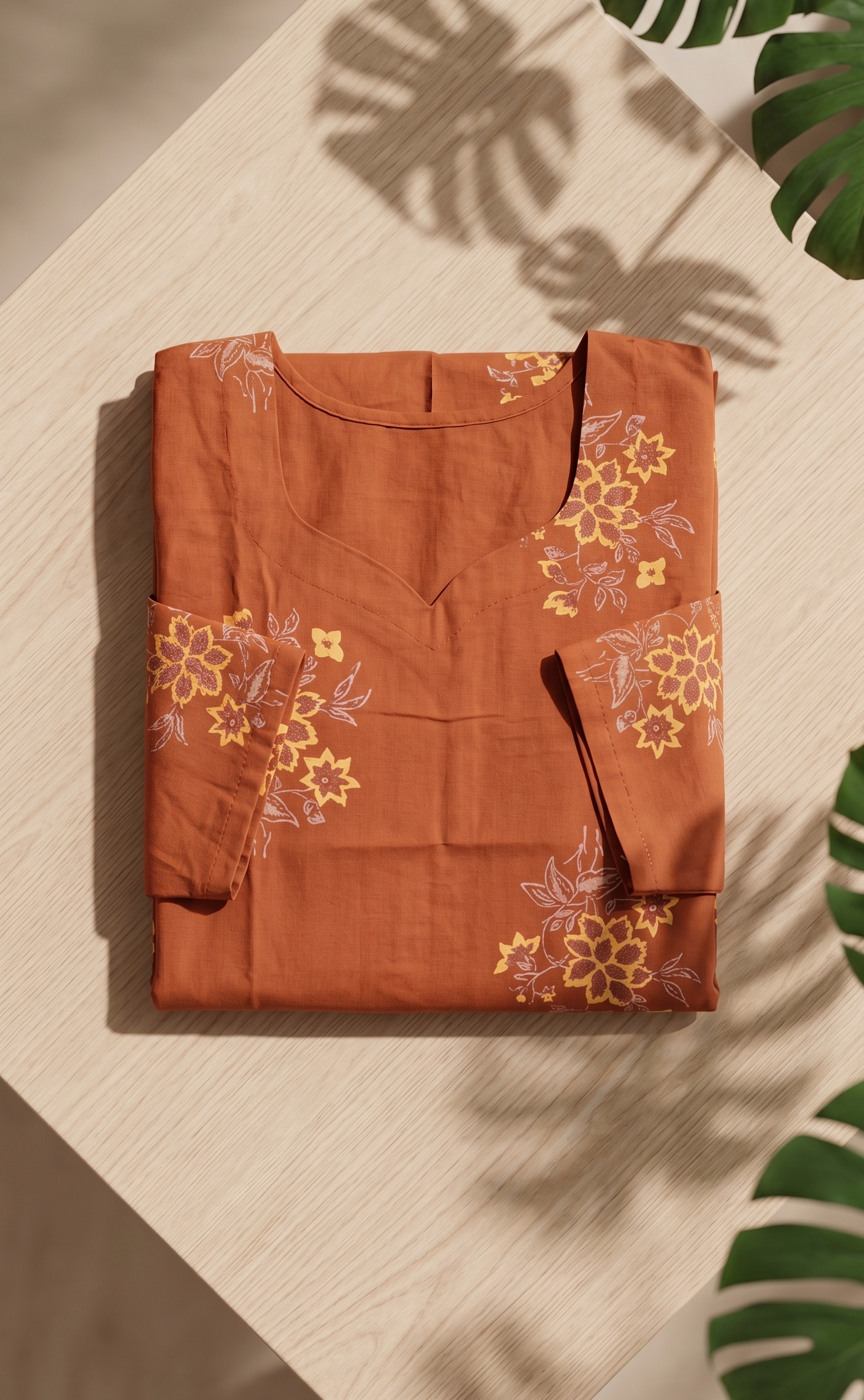 Rust Orange Cotton Slub Kurta – Delicate Floral Digital Print – Elegant Daily Wear