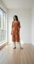 Rust Orange Cotton Slub Kurta – Delicate Floral Digital Print – Elegant Daily Wear