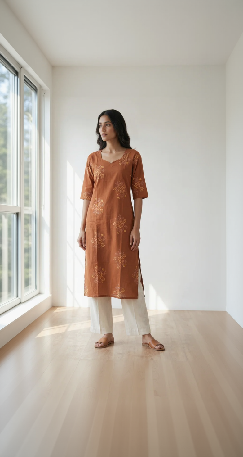 Rust Orange Cotton Slub Kurta – Delicate Floral Digital Print – Elegant Daily Wear