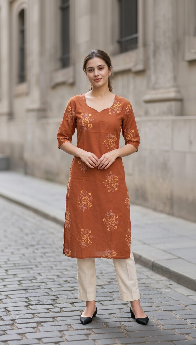 Rust Orange Cotton Slub Kurta – Delicate Floral Digital Print – Elegant Daily Wear