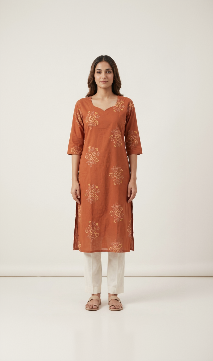 Rust Orange Cotton Slub Kurta – Delicate Floral Digital Print – Elegant Daily Wear