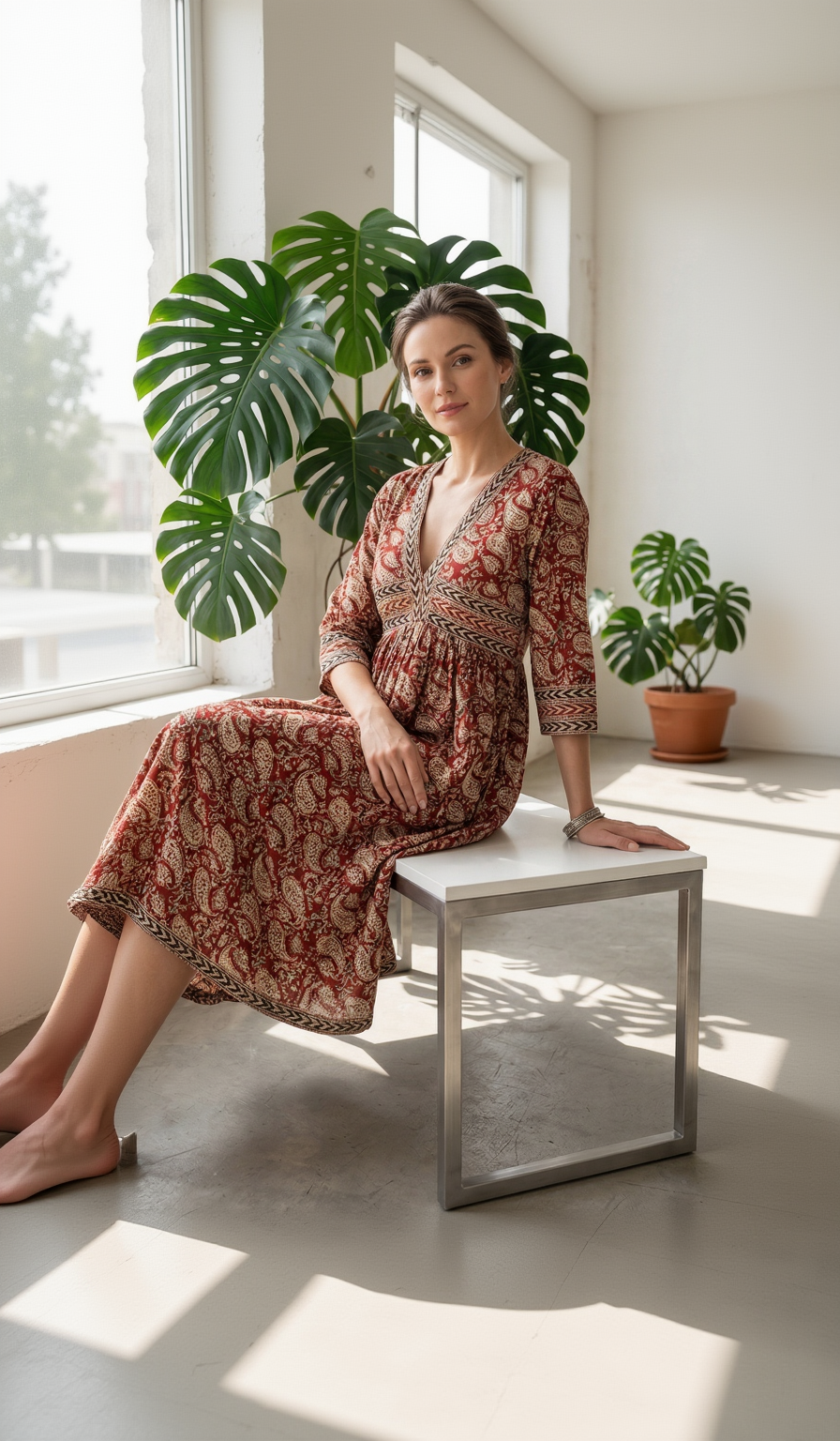 Rust Red Pure Cotton Anarkali Dress – Traditional Paisley Print with 3/4 Sleeves Top