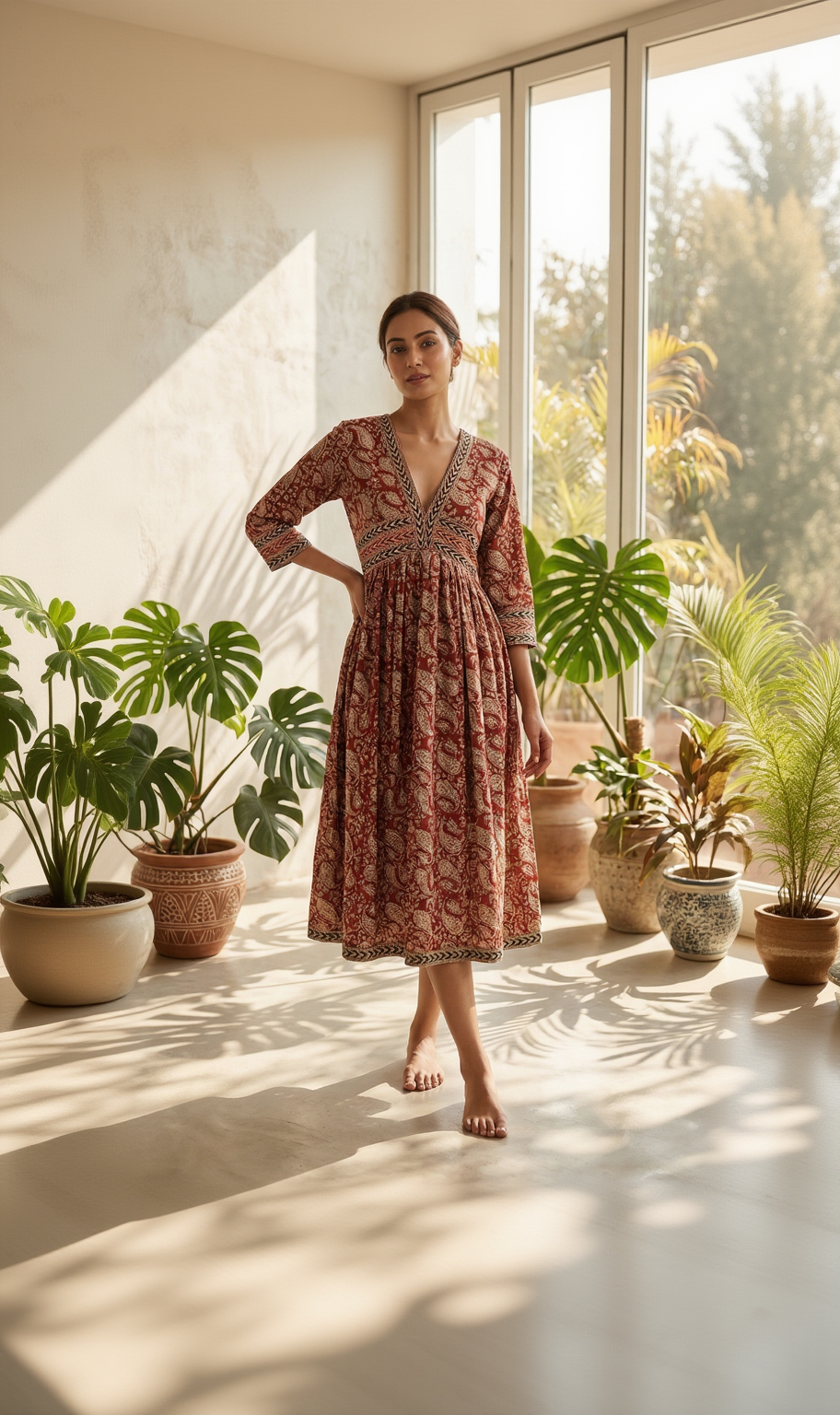 Rust Red Pure Cotton Anarkali Dress – Traditional Paisley Print with 3/4 Sleeves Top