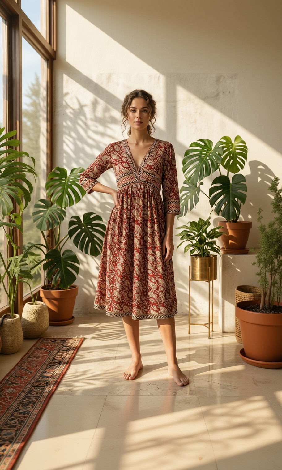 Rust Red Pure Cotton Anarkali Dress – Traditional Paisley Print with 3/4 Sleeves Top
