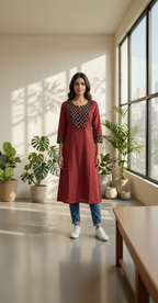 Anvita Rust Red Cotton-Linen Kurta – Black Geometric Embroidery – Elegant Round Neck Daily Wear for Women