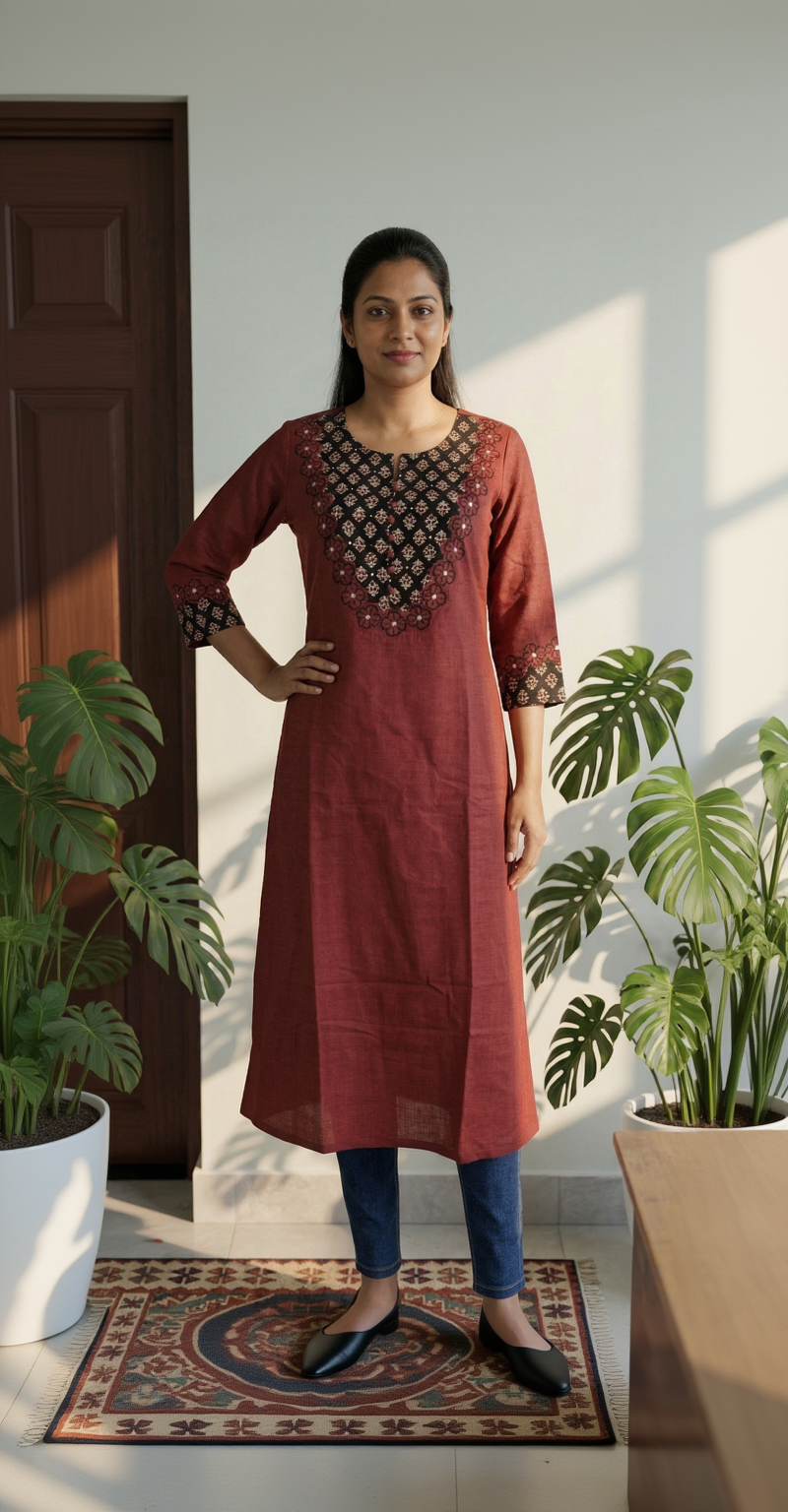 Anvita Rust Red Cotton-Linen Kurta – Black Geometric Embroidery – Elegant Round Neck Daily Wear for Women