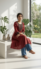 Anvita Rust Red Cotton-Linen Kurta – Black Geometric Embroidery – Elegant Round Neck Daily Wear for Women