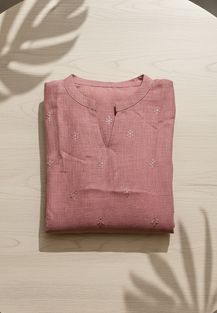 Semi-Jute Silk Blend Straight Kurta with Embroidered Notched Neck & 3/4 Sleeves