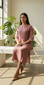 Semi-Jute Silk Blend Straight Kurta with Embroidered Notched Neck & 3/4 Sleeves