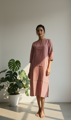 Semi-Jute Silk Blend Straight Kurta with Embroidered Notched Neck & 3/4 Sleeves