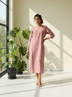 Semi-Jute Silk Blend Straight Kurta with Embroidered Notched Neck & 3/4 Sleeves