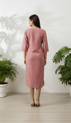 Semi-Jute Silk Blend Straight Kurta with Embroidered Notched Neck & 3/4 Sleeves