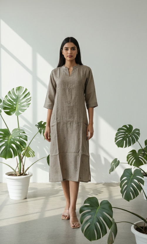 Semi-Jute Silk Blend Straight Kurta with Embroidered Notched Neck & 3/4 Sleeves