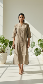Semi-Jute Silk Blend Straight Kurta with Embroidered Notched Neck & 3/4 Sleeves