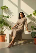 Semi-Jute Silk Blend Straight Kurta with Embroidered Notched Neck & 3/4 Sleeves