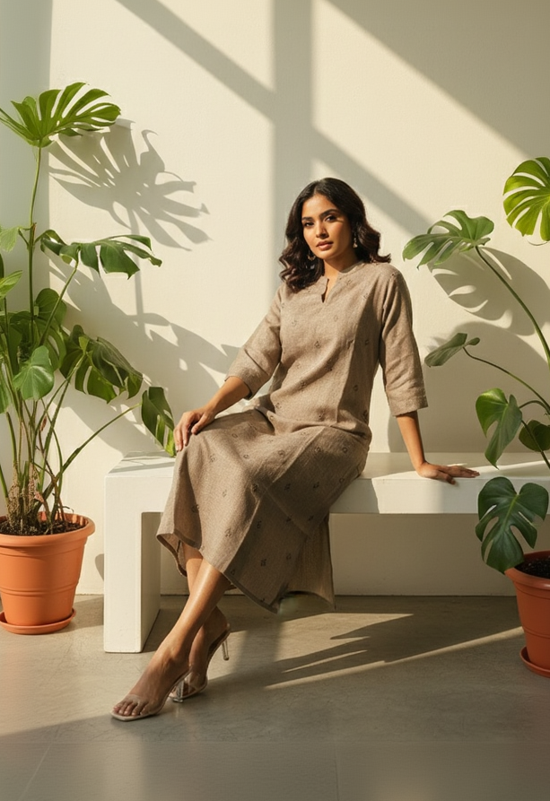 Semi-Jute Silk Blend Straight Kurta with Embroidered Notched Neck & 3/4 Sleeves