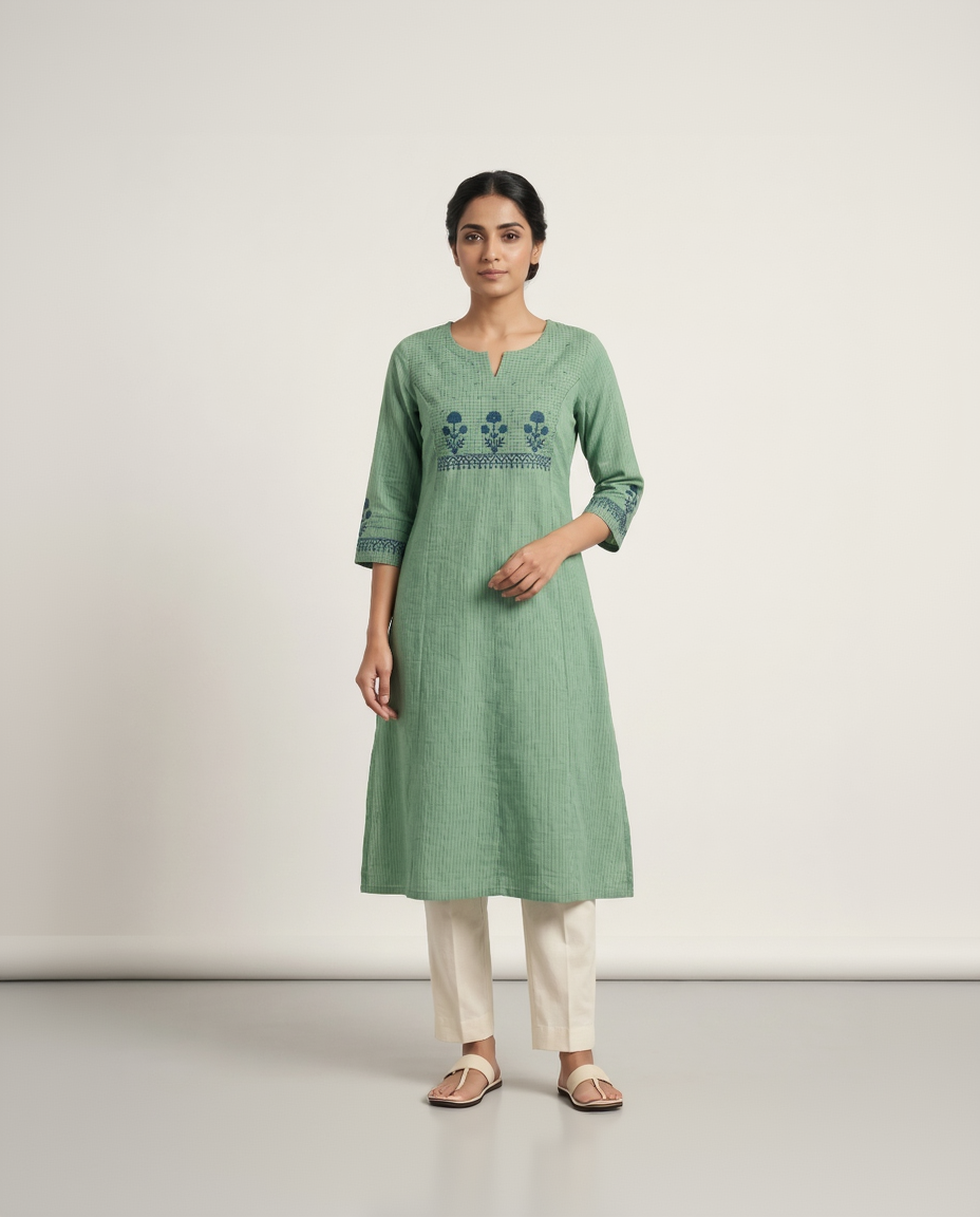 Anvita Sage Green Pure Cotton Straight Kurta – Blue Floral Embroidery & Vertical Stripes