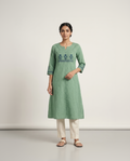 Anvita Sage Green Pure Cotton Straight Kurta – Blue Floral Embroidery & Vertical Stripes