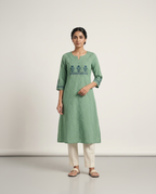 Anvita Sage Green Pure Cotton Straight Kurta – Blue Floral Embroidery & Vertical Stripes