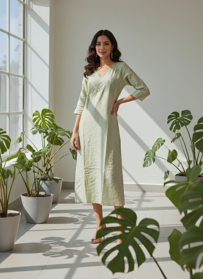 Women’s A-Line Kurti in Crushed Nylon with Bead Handwork and Lining