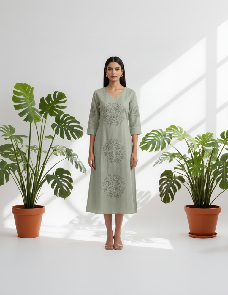 Women’s A-Line Kurti in Crushed Nylon with Scroll Embroidery and Lining