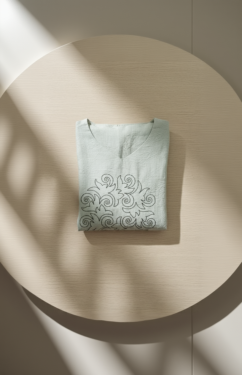 Women’s A-Line Kurti in Crushed Nylon with Scroll Embroidery and Lining