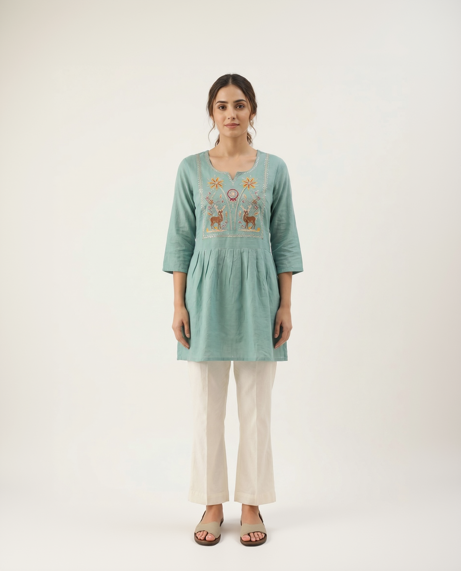 Seafoam Green Cotton Slub Short Kurti – Intricate Nature-Inspired Embroidery – Gathered Waist