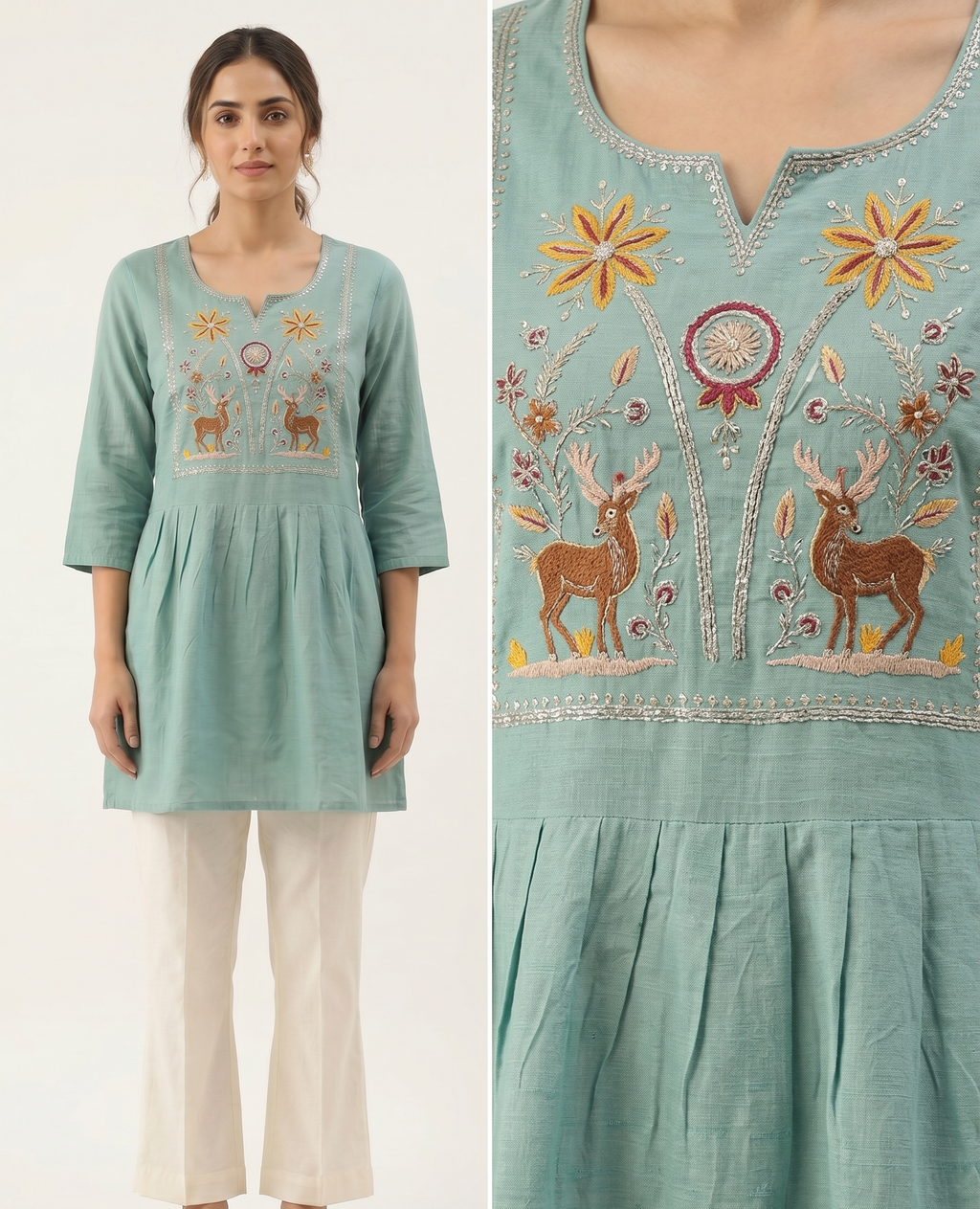 Seafoam Green Cotton Slub Short Kurti – Intricate Nature-Inspired Embroidery – Gathered Waist